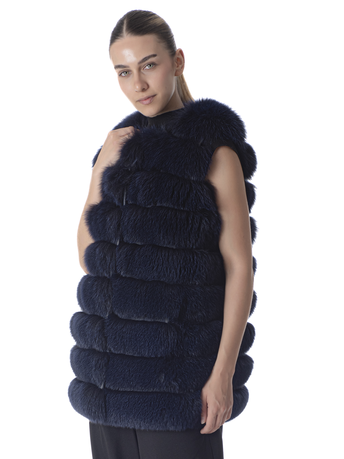 a00266 Dark Blue Fox Fur Vest - Image 1