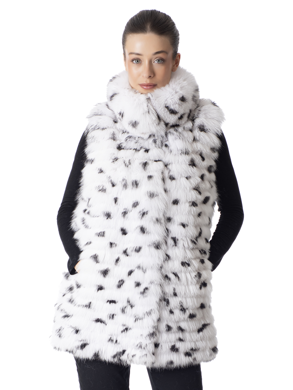 a00663 White Fox Fur Vest with Graphic Print - Image 1