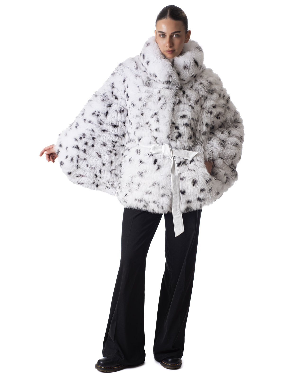 a00686 White Fox Fur Cape with Graphic Print - Image 1