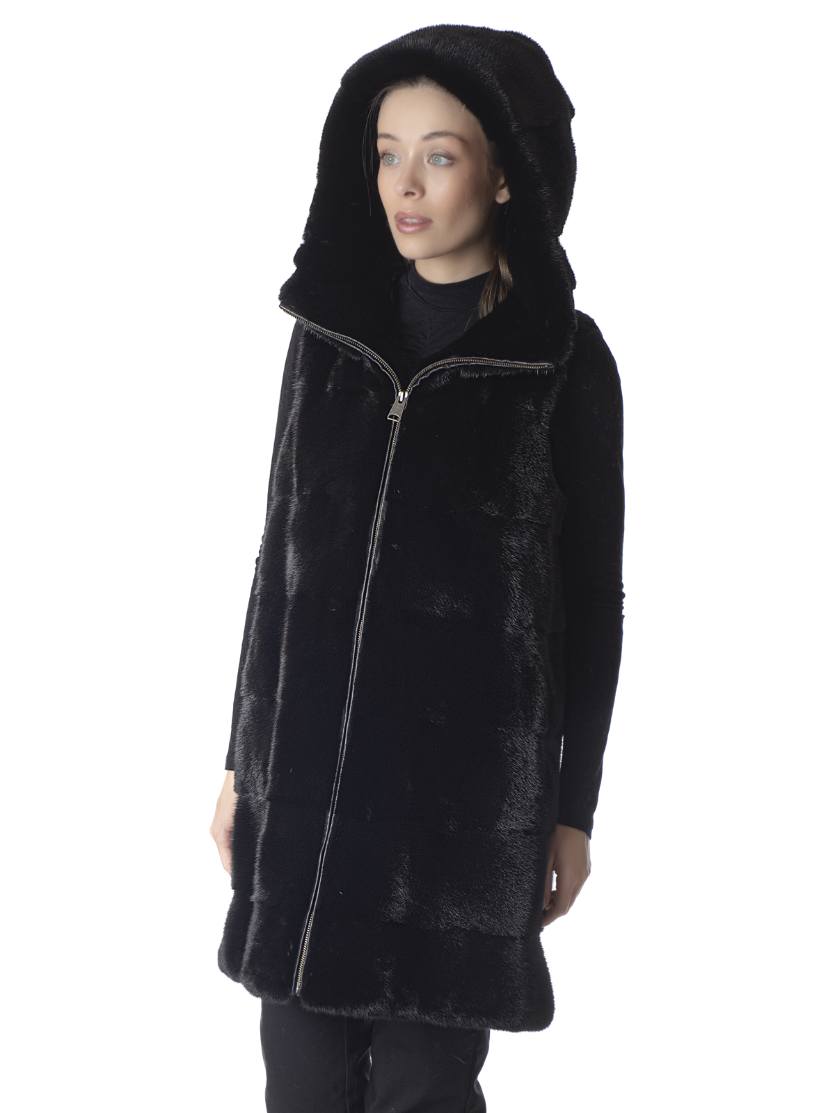 a01144 Black Mink Fur Vest with Hood & Zipper - Image 1