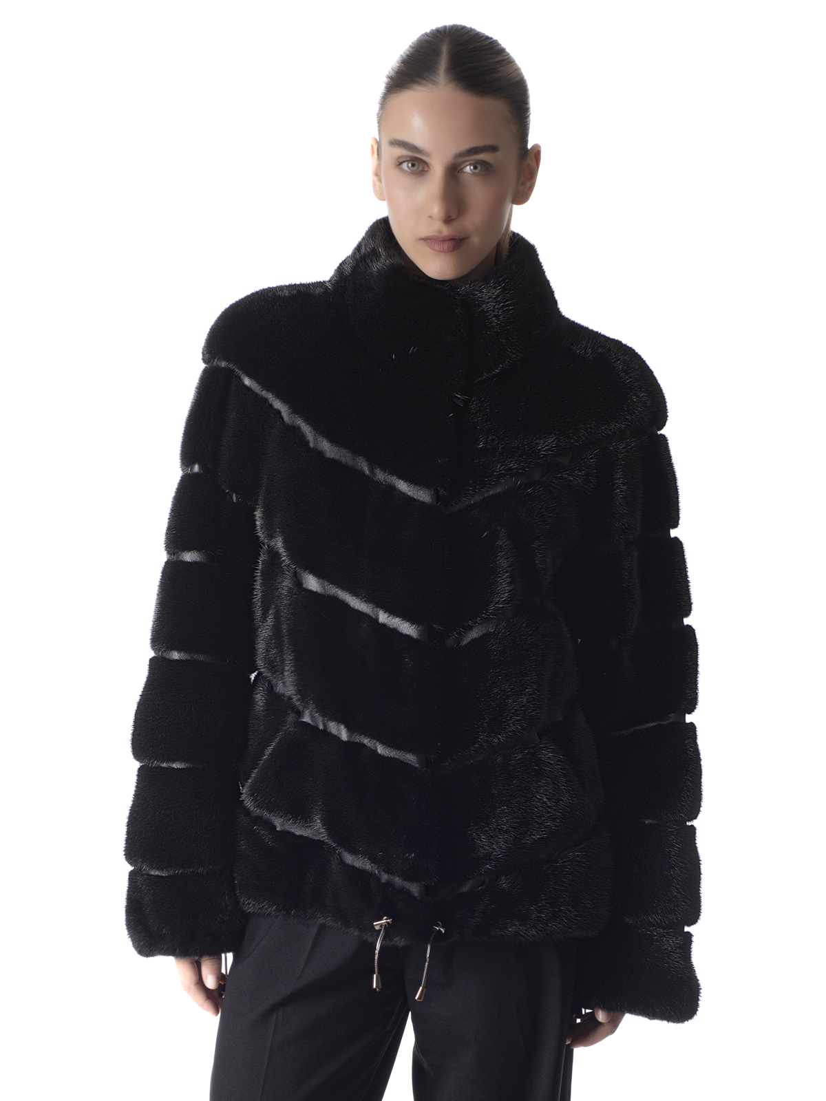 a01188 Black Diagonal Mink Fur Jacket - Image 1