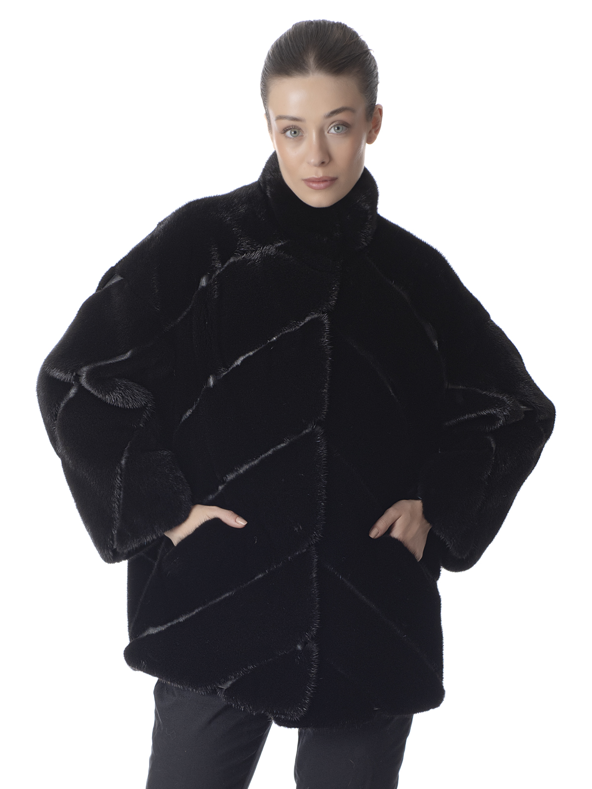 a01235 Black Diagonal Mink Fur Jacket - Image 1