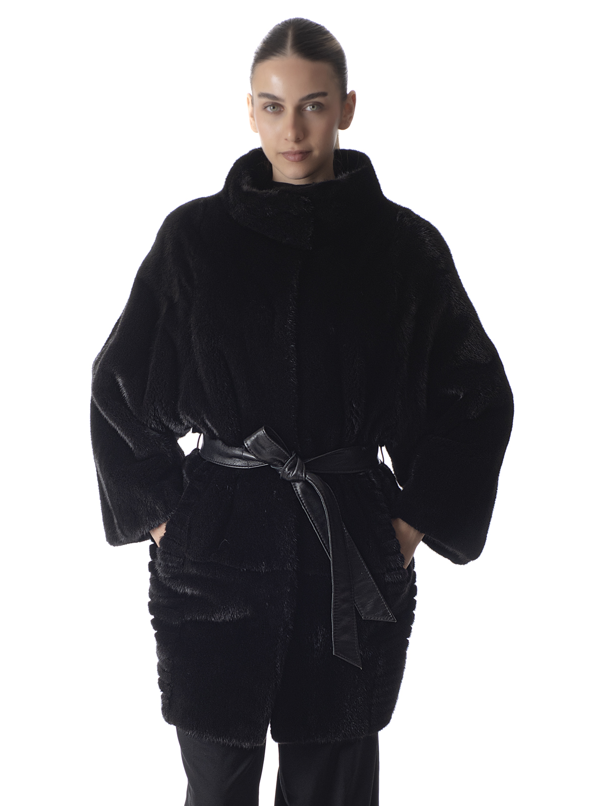 a01270 Black Mink Fur Coat with Leather Belt - Image 1