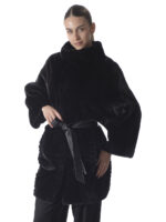 Black Mink Fur Coat with Leather Belt - Image 2