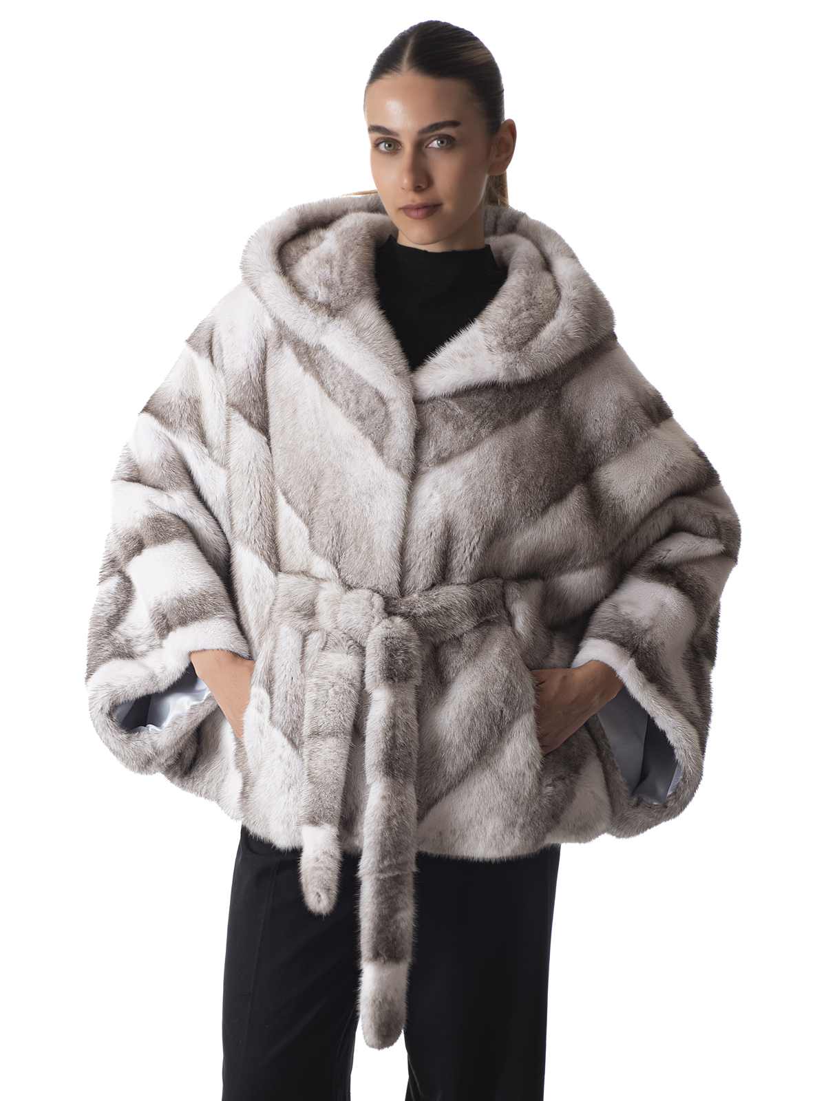 a01288 Silver Cross Mink Fur Cape with Hood - Image 1