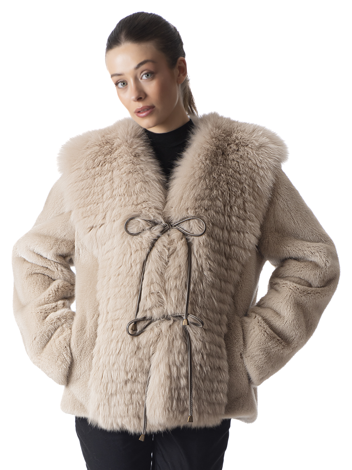 a01303 Warm Sand Mink Fur Jacket with Fox Fur Collar - Image 1