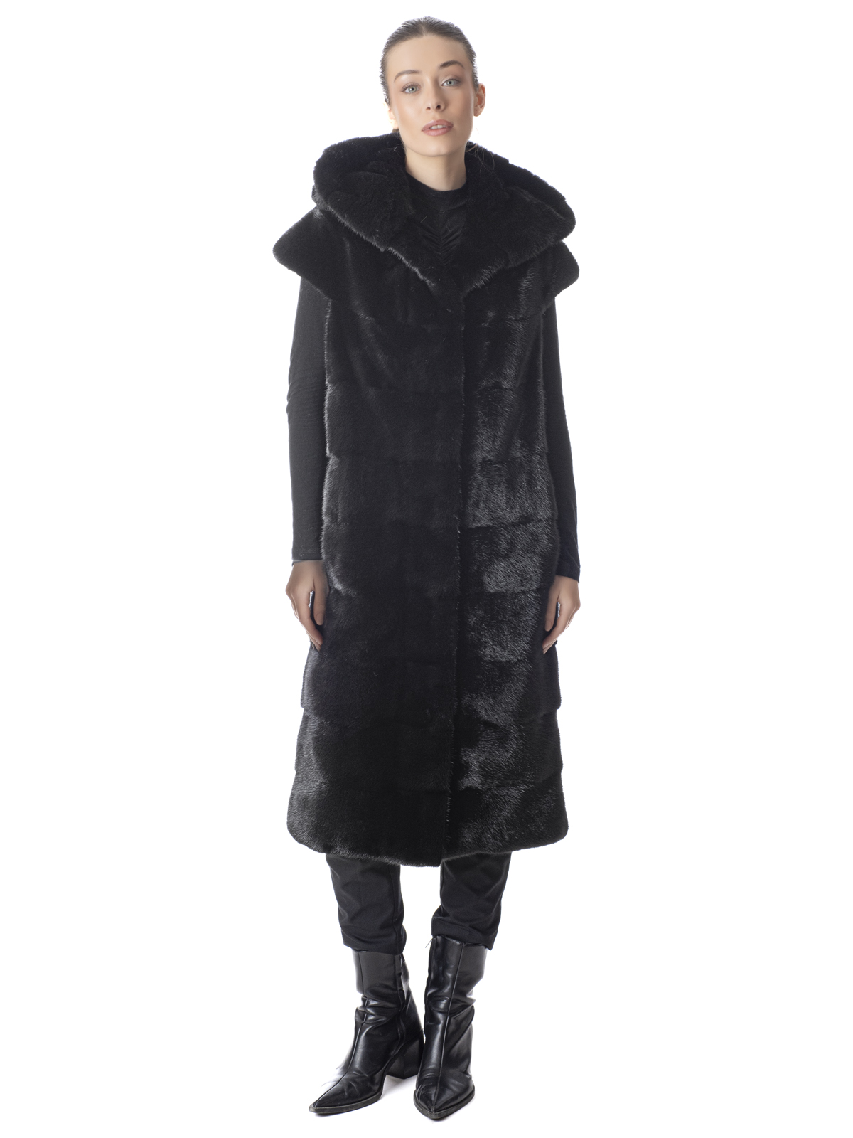 a01721 Black Mink Fur Hooded Vest - Image 1