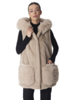 Warm Sand Mink Fur Vest with Fox
